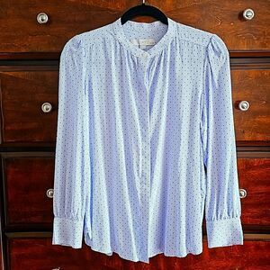 Loft Collarless Flowing Silhouette Shirt, Front Button Closure, Blue, Size MP